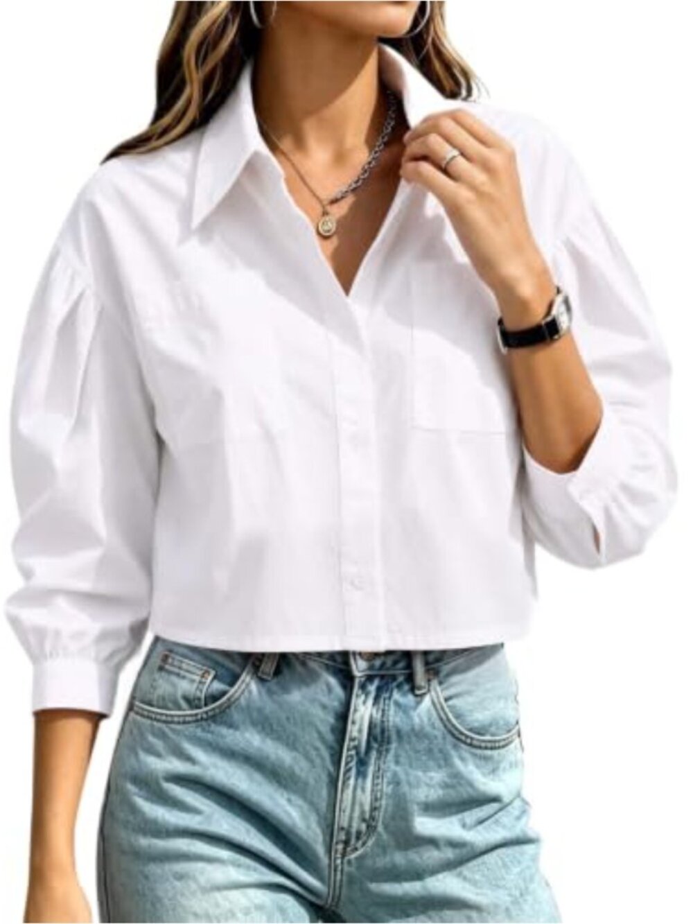 Women's Cropped Button Down Shirt Puff Sleeve Blouse with Pocket